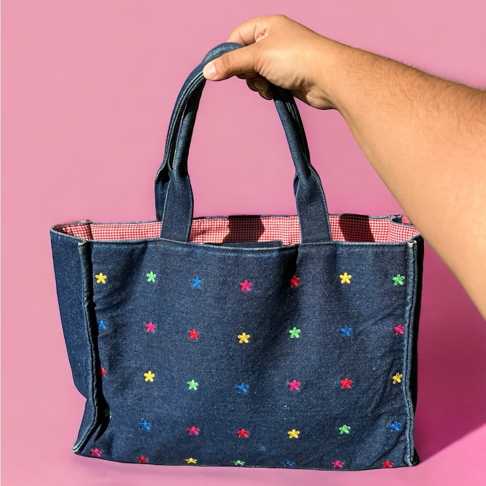 Multi-Colored Embroidered Flower Medium Denim Tot… - image 2